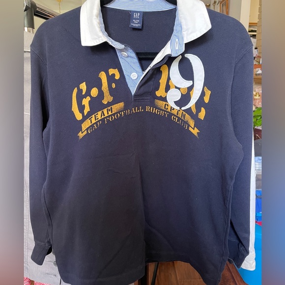 Navy blue 100% cotton sweater with collar, size 12 youth, with prints & details - Picture 3 of 4